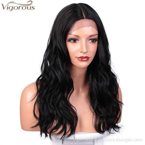 Vigorous High Temperature Lace Front Wigs Long Body Wavy Synthetic Wigs Middle Part Black Wigs Wholesale Price